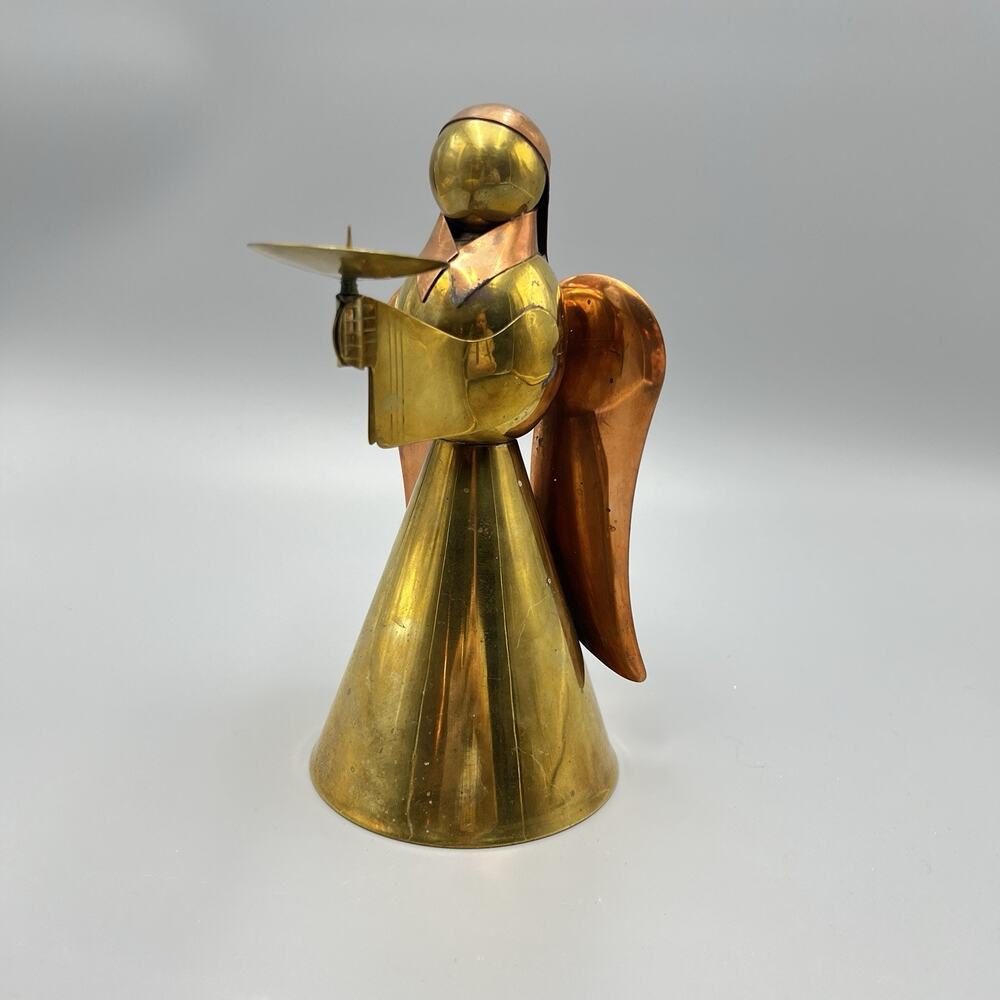 VTG Copper Brass Angel Candle Holder 9” Patina Christmas Holiday MCM Decor Large